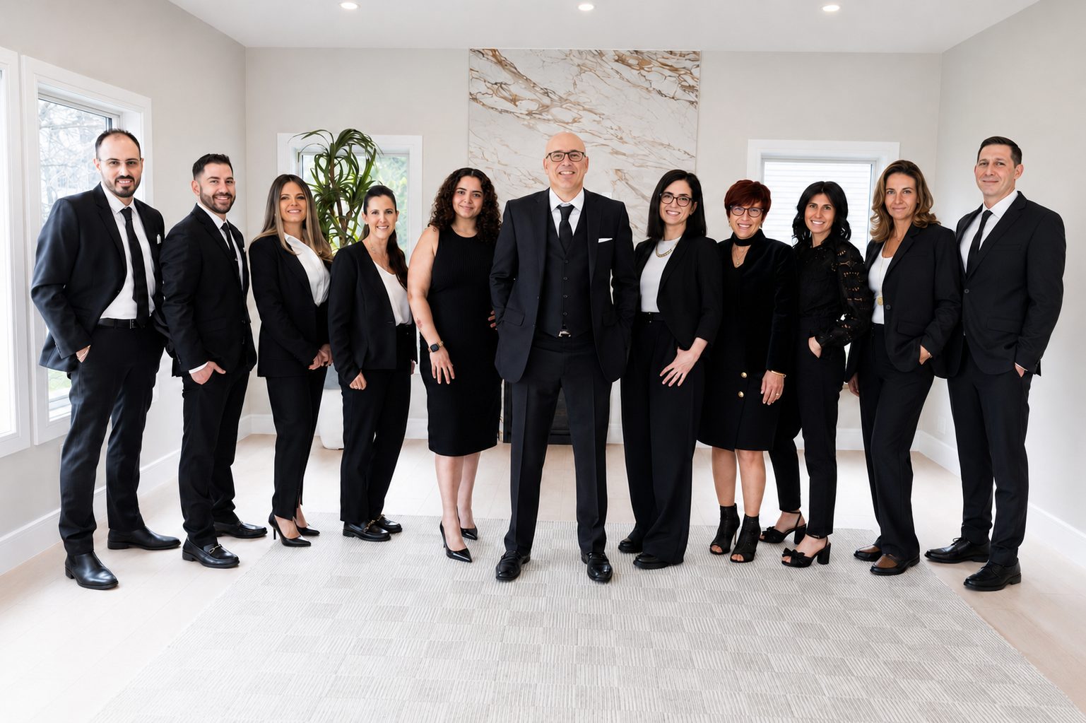Twelve professionals in black business attire stand together in a bright room with a marble feature wall.