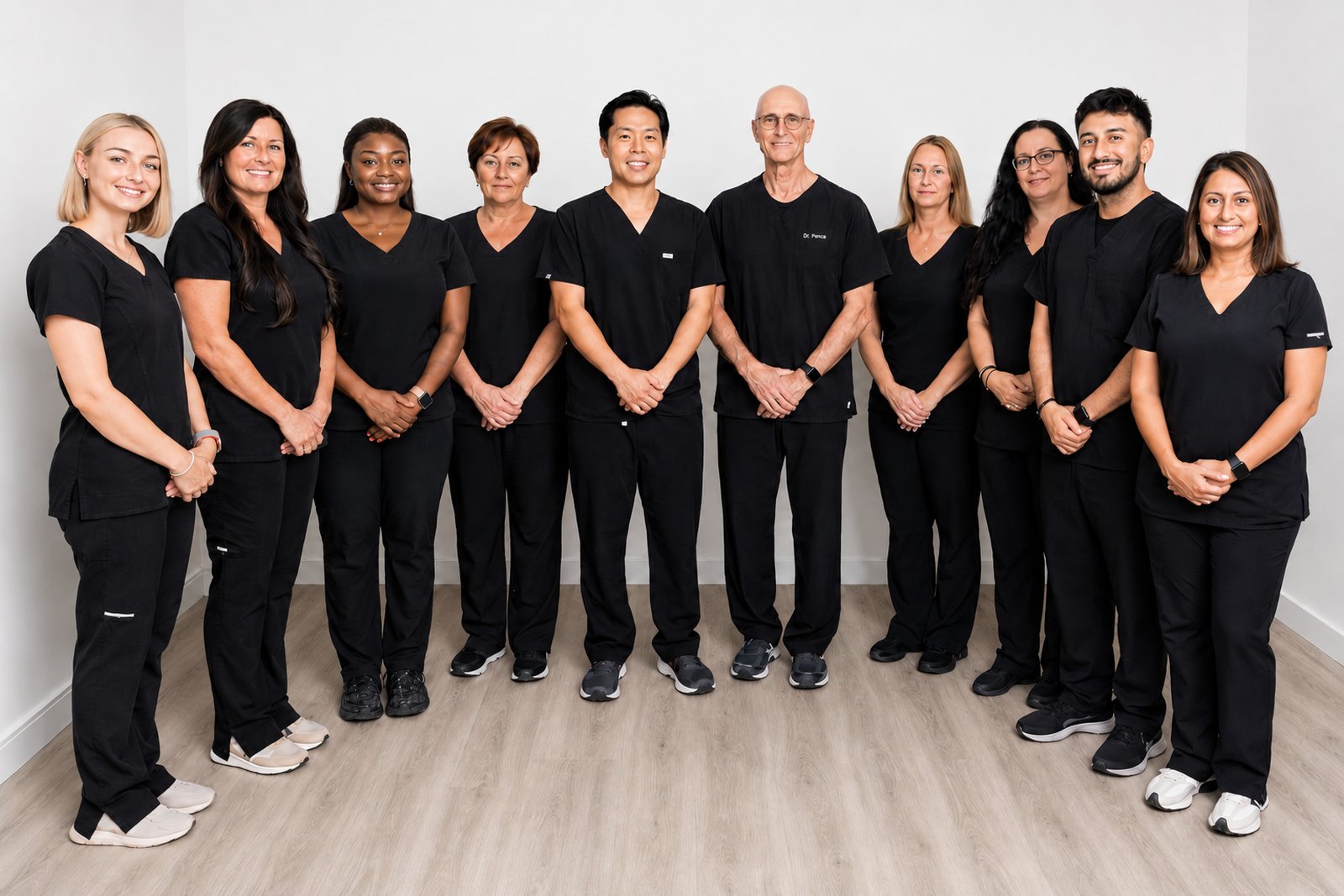 Eleven people in matching black scrubs stand together against a white wall on a pale wood floor.